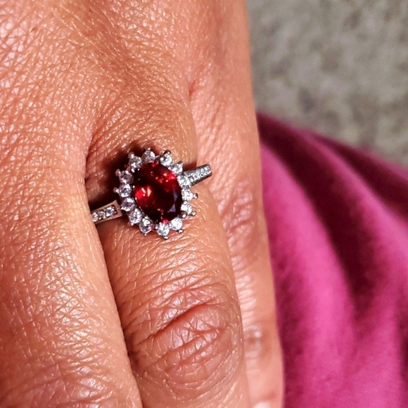 Genuine Red Garnet and White Zircon Necklace and Ring Set in Stainless Steel - Picture 4 of 8
